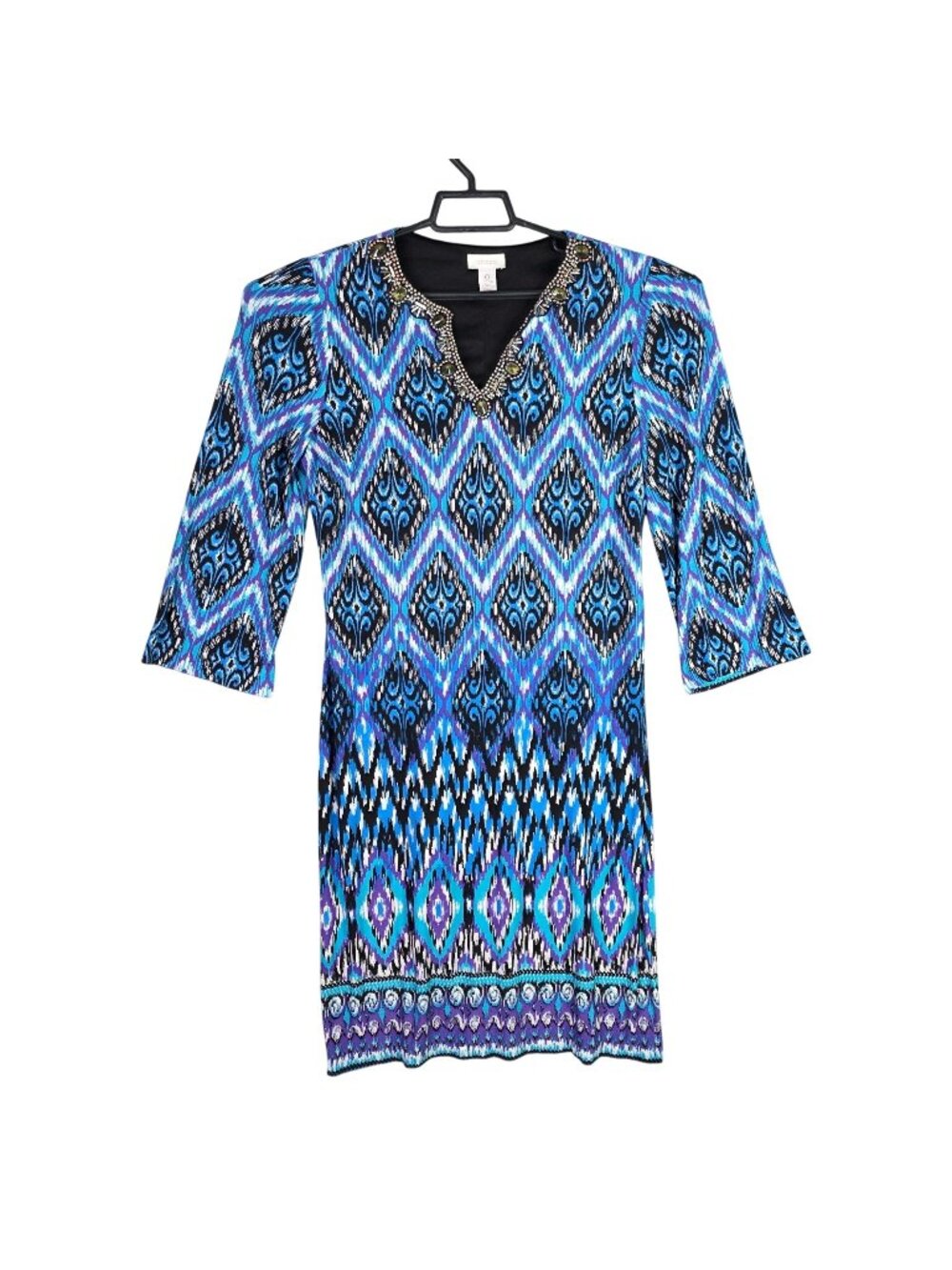 Womens Chicos Beaded Neckline Blue & Purple Geometric Print Dress Size 0